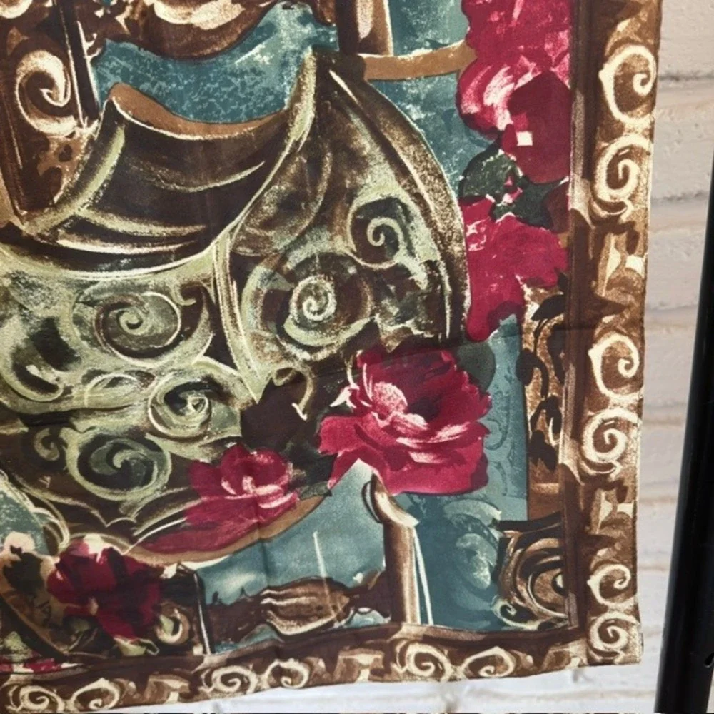 Vintage Silk Scarf 1990s Baroque Floral Red Rose Teal Gold Scroll Print‎